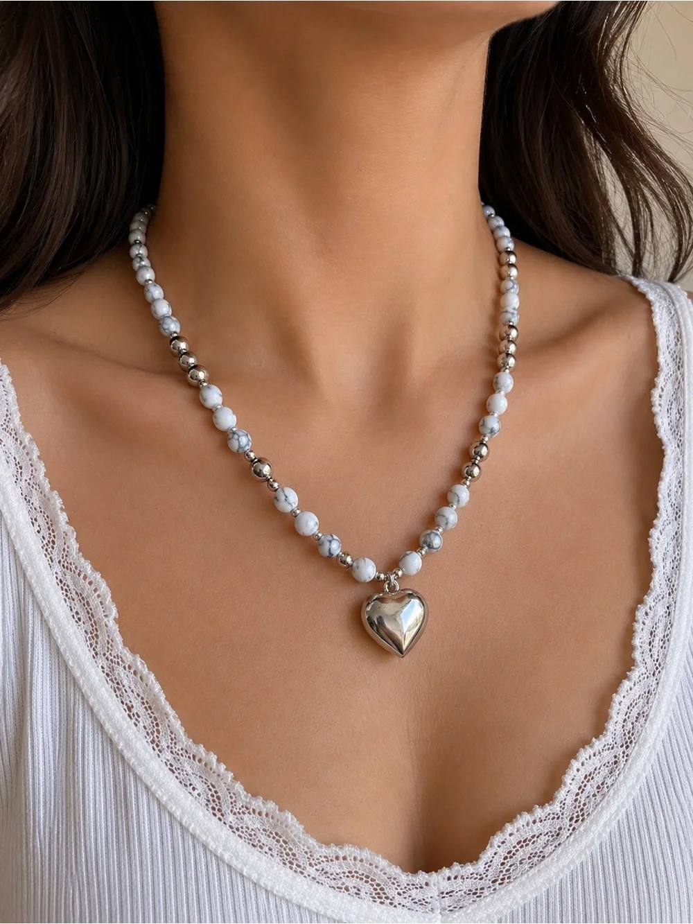 Silver Tone Heart Pendant Beaded Necklace White Marble Look Preloved